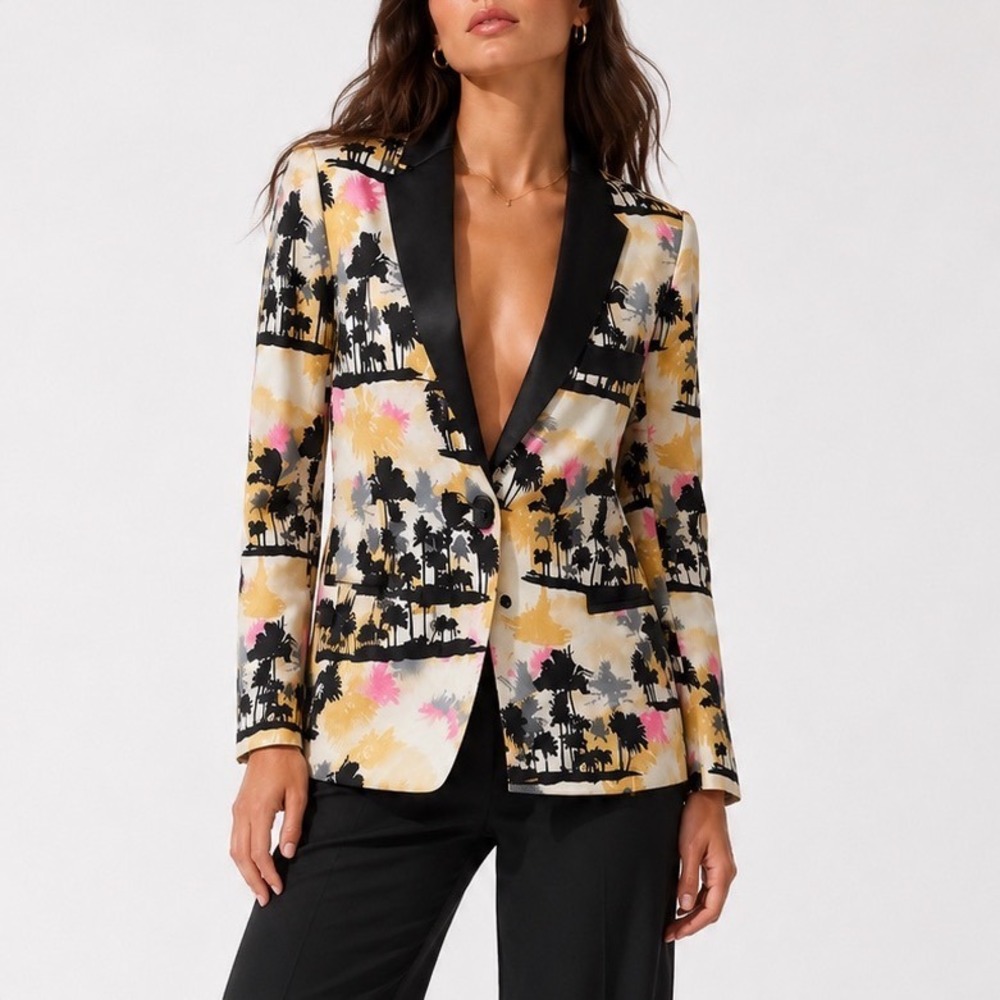 Le Superbe Coastal Tux Jacket Womens 2 Palm Print Resort Blazer Vacation Chic